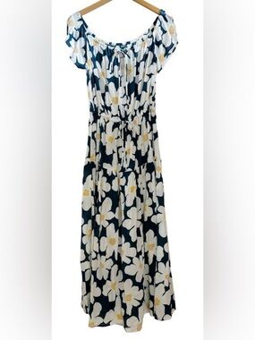 Holoholo Surf Kona Floral Off The Shoulder Midi Dress - Pukala Navy
